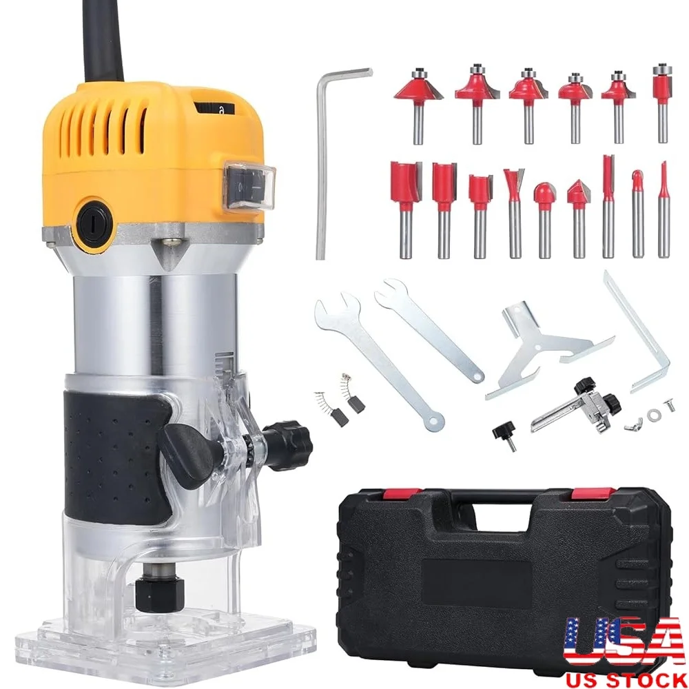 

800W Wood Router Trimmer 30000rpm Variable Speed 15pcs Milling Cutters Precision Trimming Woodworking Tool Cabinet Crafts