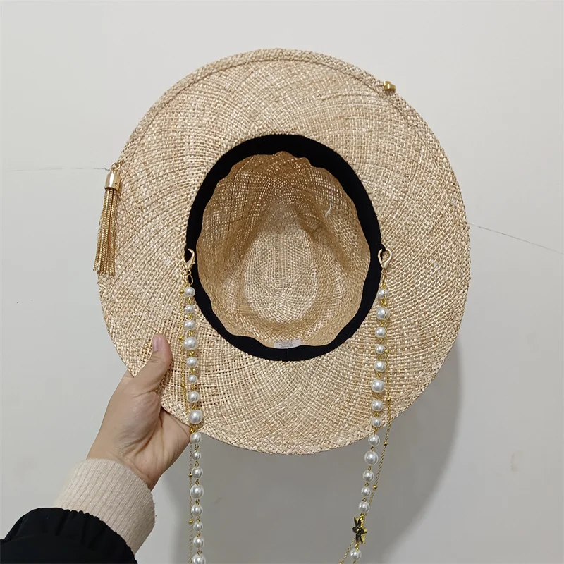 Metal letter beige straw hat handmade design hat pearl chain summer sun hat new letter hat beach women gorras para hombres
