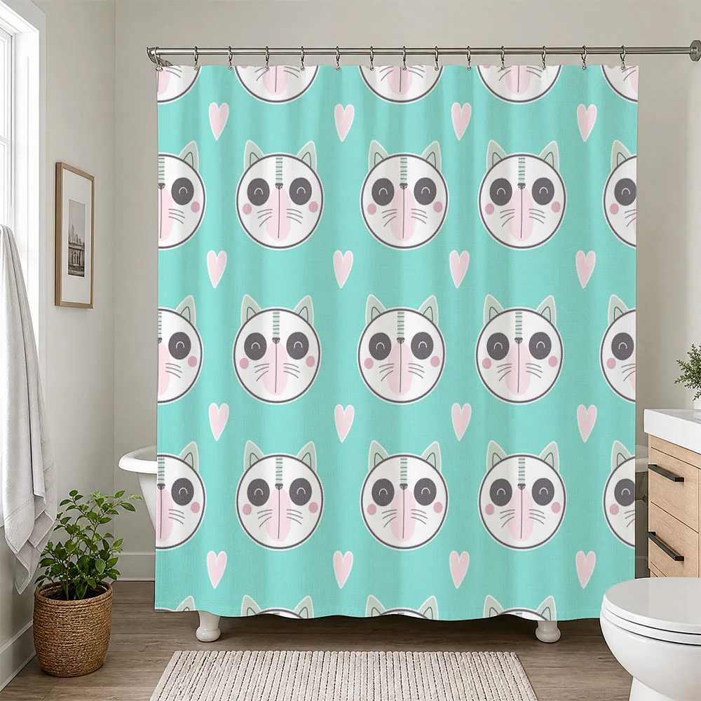 Cute Cat Face Pattern Shower Curtain Waterproof Bathroom Decor Home Textiles Kids Novelty Animal Print Shower Curtain