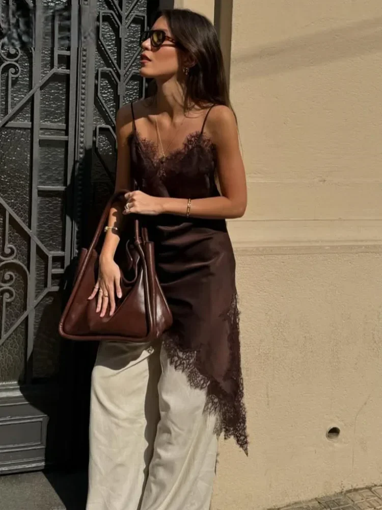 

Brown Satin Lace Splicing Sling Dress Women Elegant Irregular Hem V Neck Backless Sleeveless Gown Chic Women Party Club Vestidos