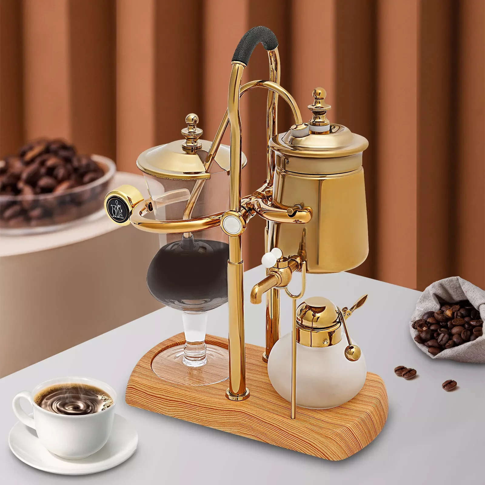 Cafetière à siphon de 400 ml, cafetière à siphon dorée, style rétro, verre borosilicate, acier inoxydable, ABS, placage titane