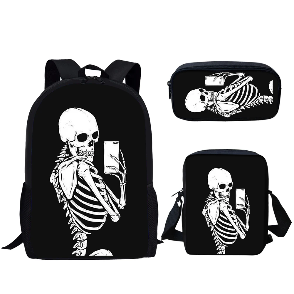 

Gothic Skull Funny Skeleton Print 3Pcs Schoolbag for Boys Girls Backpack for Primary Student Schoolbags Large Capacity Backpack