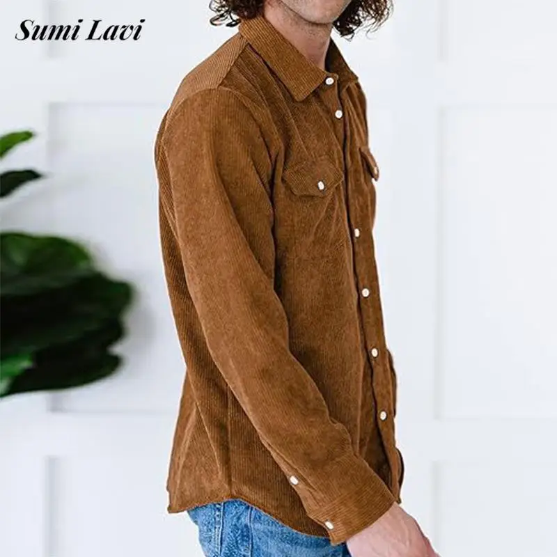 2024 herbst Täglich Casual Einfarbig Herren Hemd Cord Rippen Langarm Shirts Für Männer Vintage Taste Drehen-unten kragen Hemd