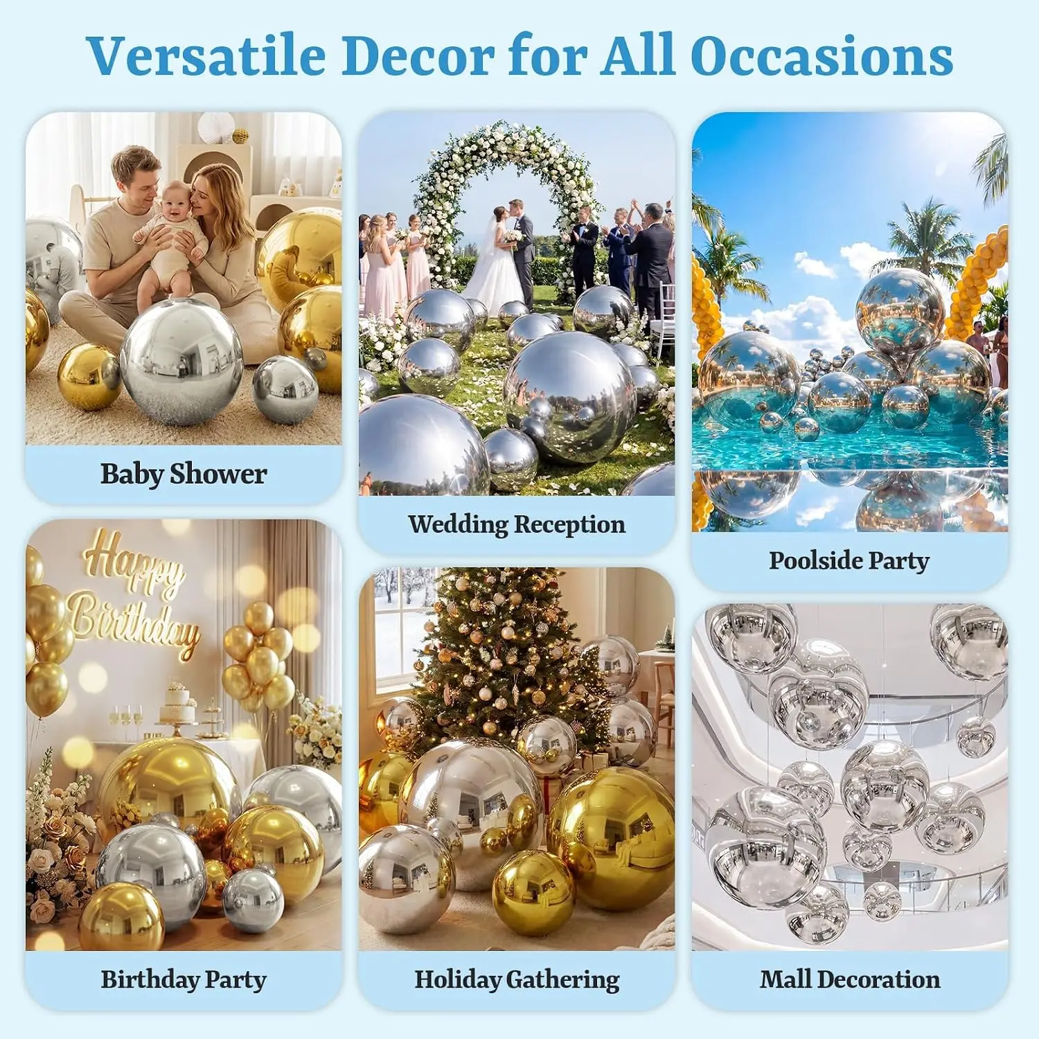 4PCS Silver Inflatable Mirror Ball Set Reusable PVC Large Event Decorations Hanging And Standing Balloons with Electric Pump
