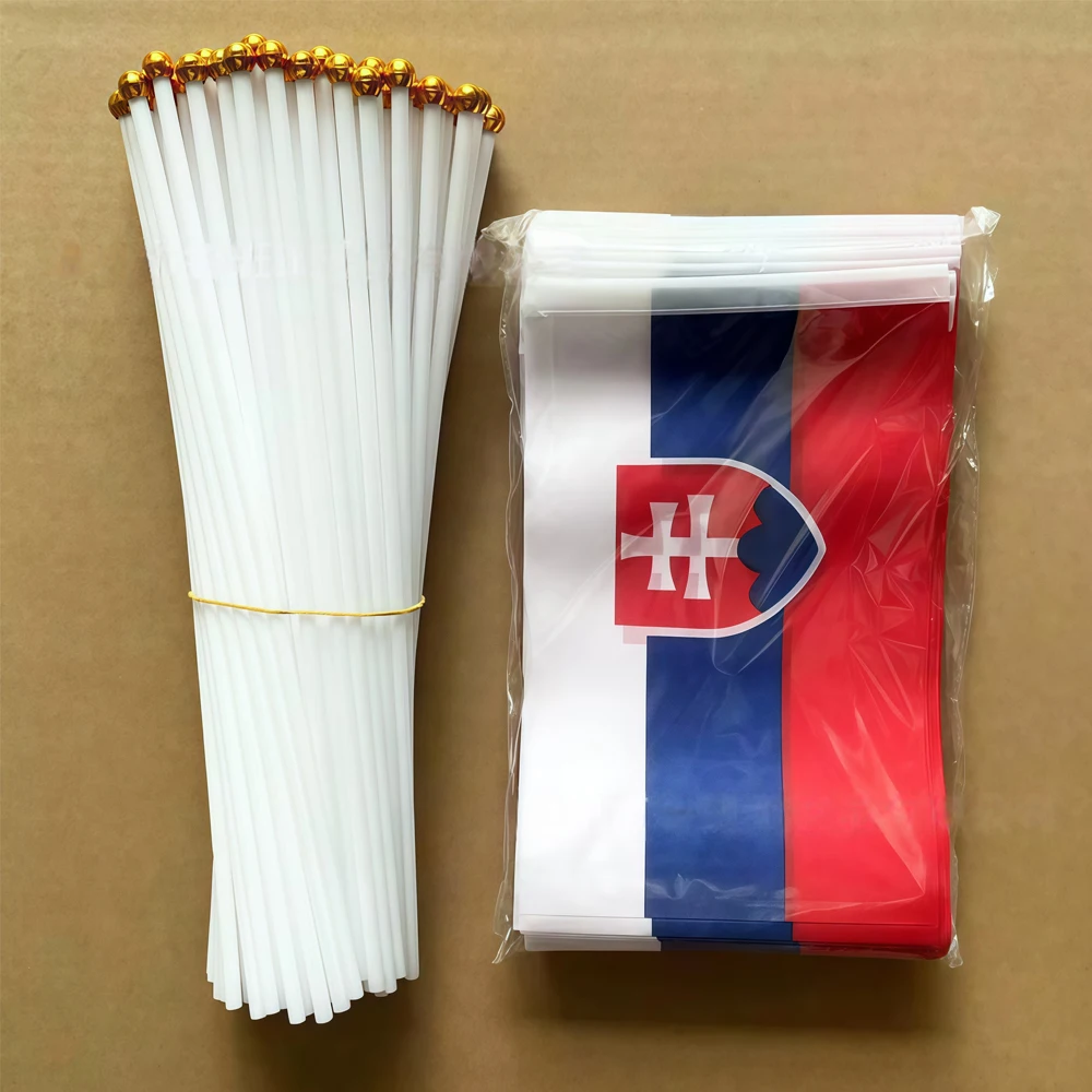Aerlxemrbrae  50pcs/lot 14*21CM  Slovakia hand flag  Slovakia  Hand Waving banner with Plastic Flagpole for Events