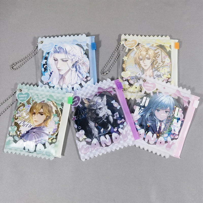 

Cartoon Transparent PVC Candy Badge Storage Bags With Keyring Mini Dolls Organizer Pouches Display Bag Gift