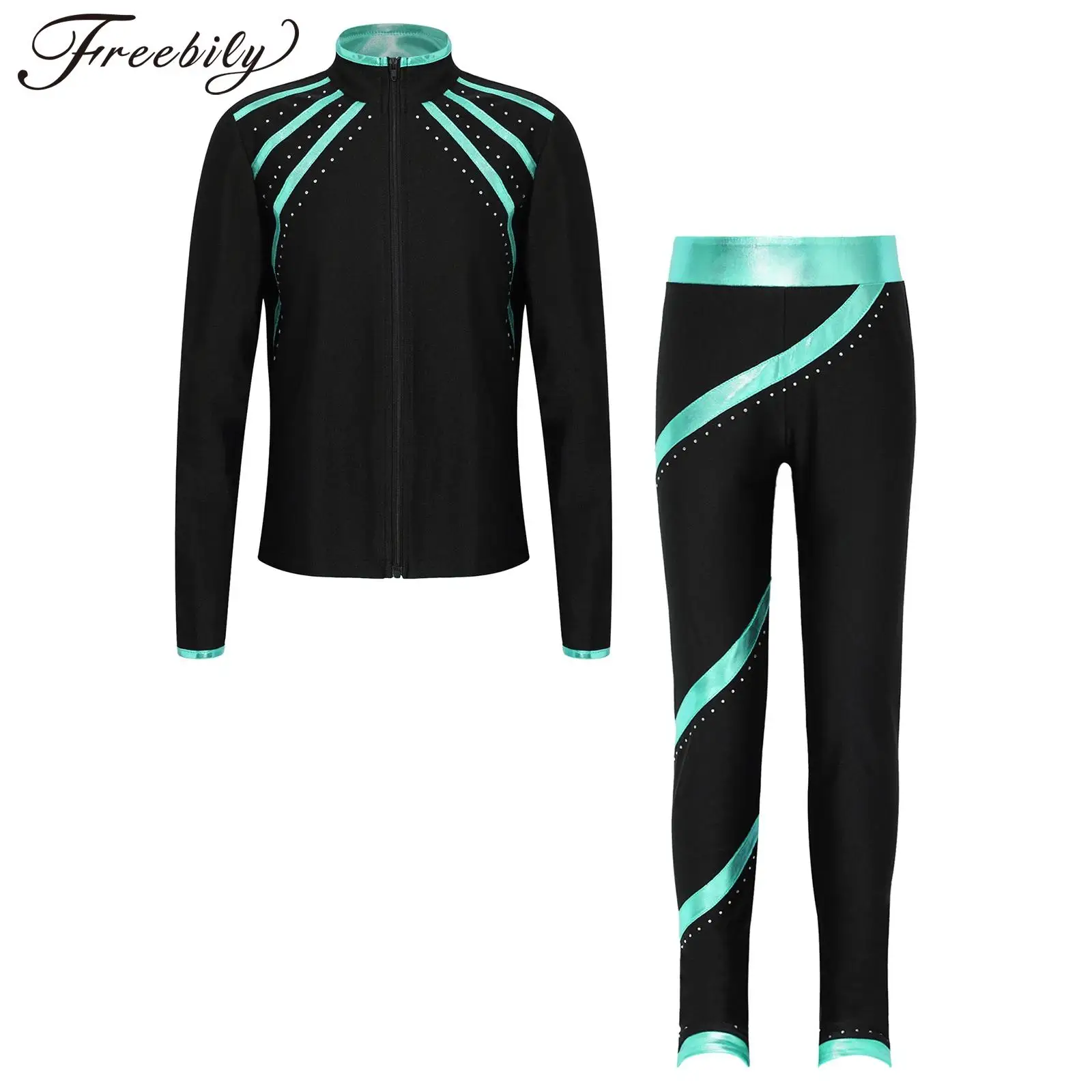 Kids Girls Figure Skating Jacket Set Crystals Roller Ice skating Pants Leggings for Practice Training Competition