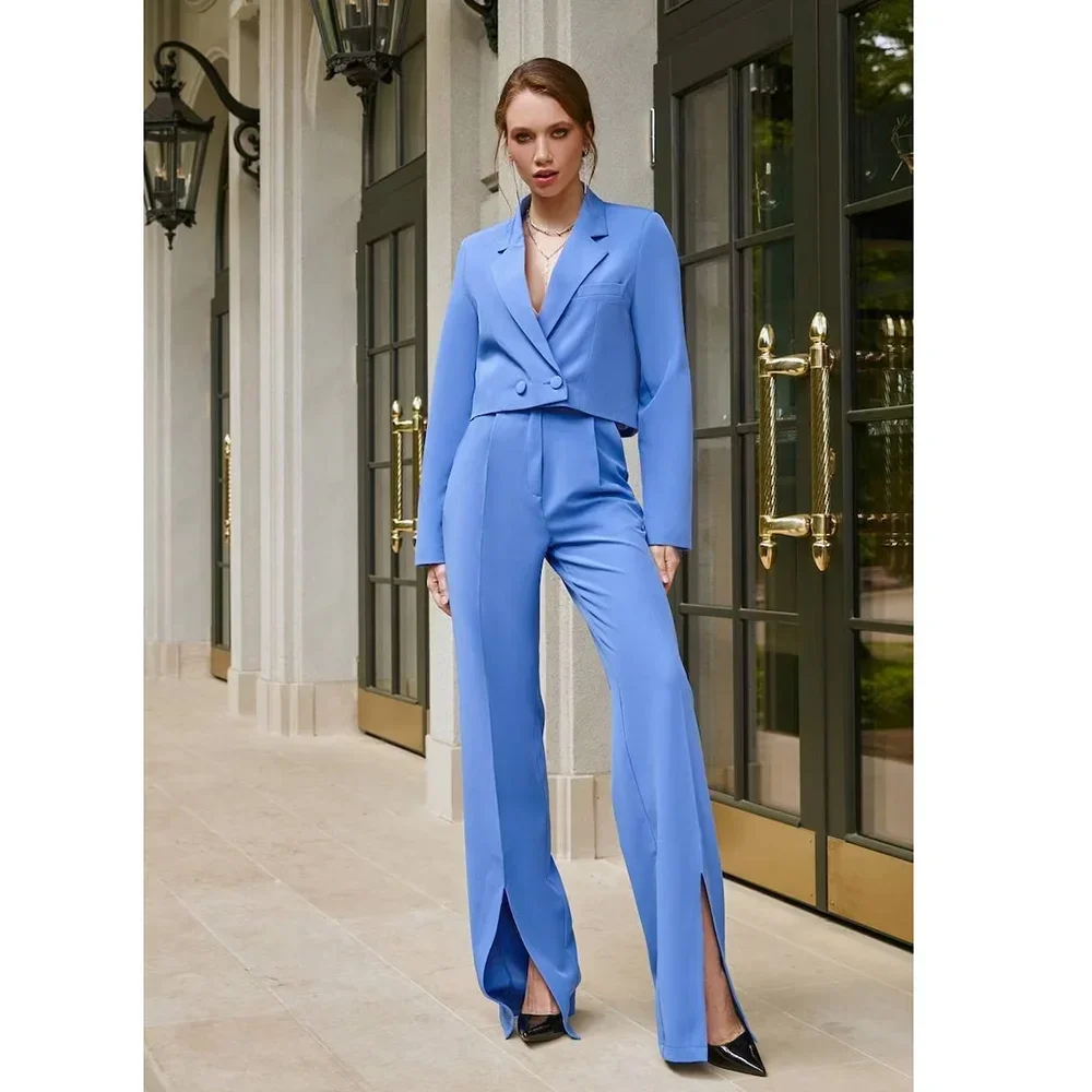 

Blue Notch Lapel Suits for Women Formal Casual Basics 2 Piece Fashion Elegant Office Lady Pants Set Slim Fit Blazer with Pants