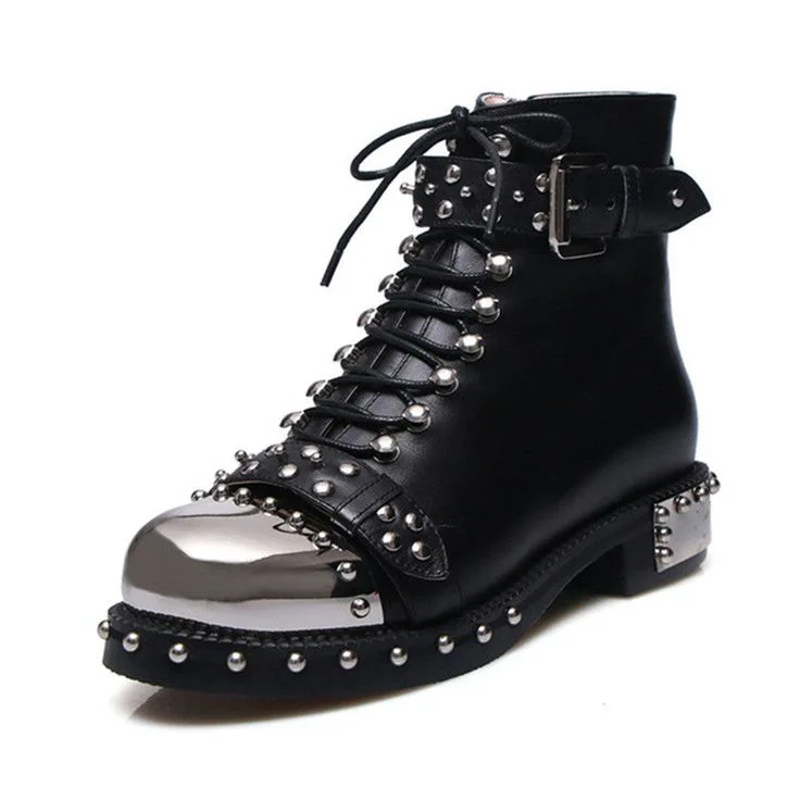 Punk Style Metal Round Toe Rivets Platform Mid-Calf Women Boots Chunky Middle Heels Side Zipper Design Large Size Shoes