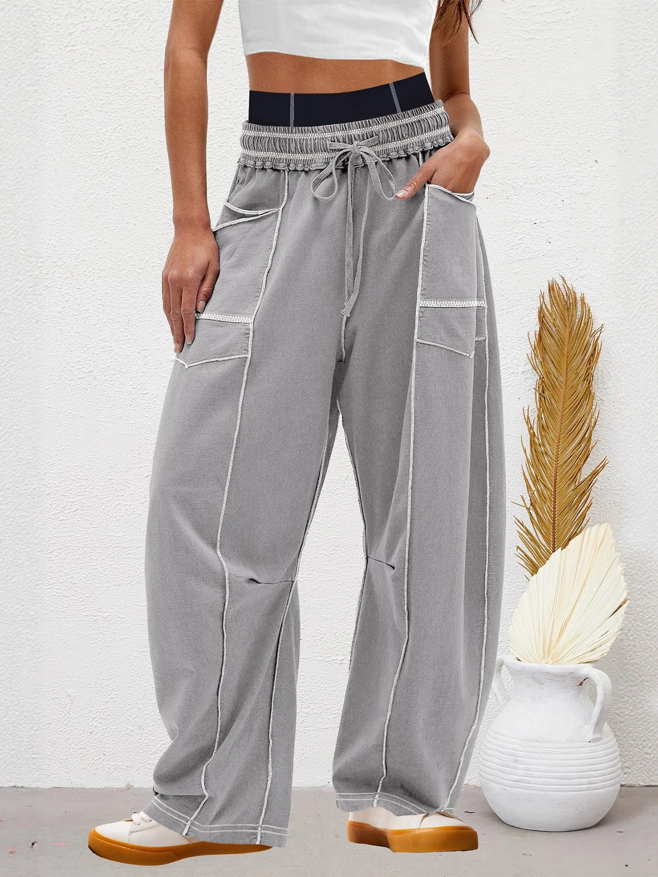 Casual damesbroek met wijde pijpen Herfst Winter Trekkoord Effen Volledige lengte Dagelijks Basic met zakken