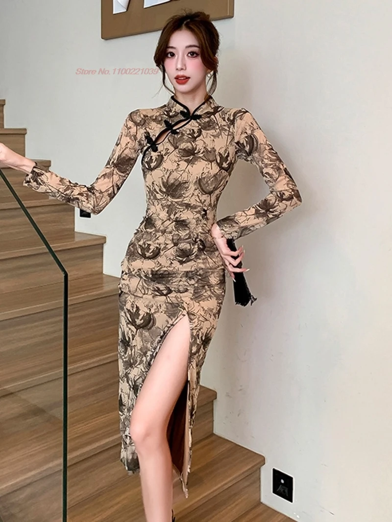 

Китайское сексуальное Ципао 2021, традиционное вечернее платье Cheongsam с цветочным принтом, сексуальное платье Cheongsam для ночного клуба, банкетное вечернее платье
