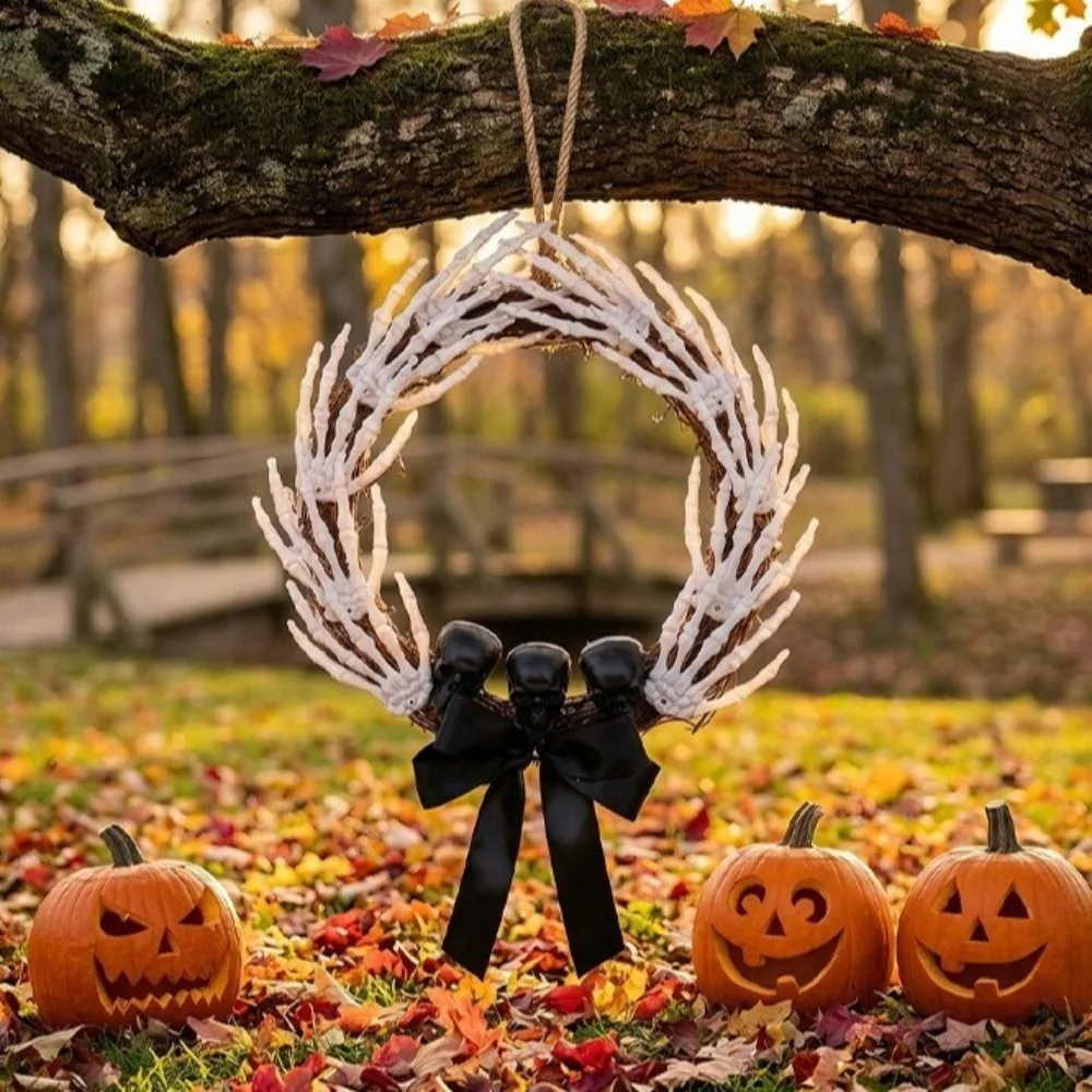 Dark Style Halloween Skeleton Hand Wreath White Bones Black Ribbon Halloween Artificial Wreath Black Bow Black Branch Wreaths