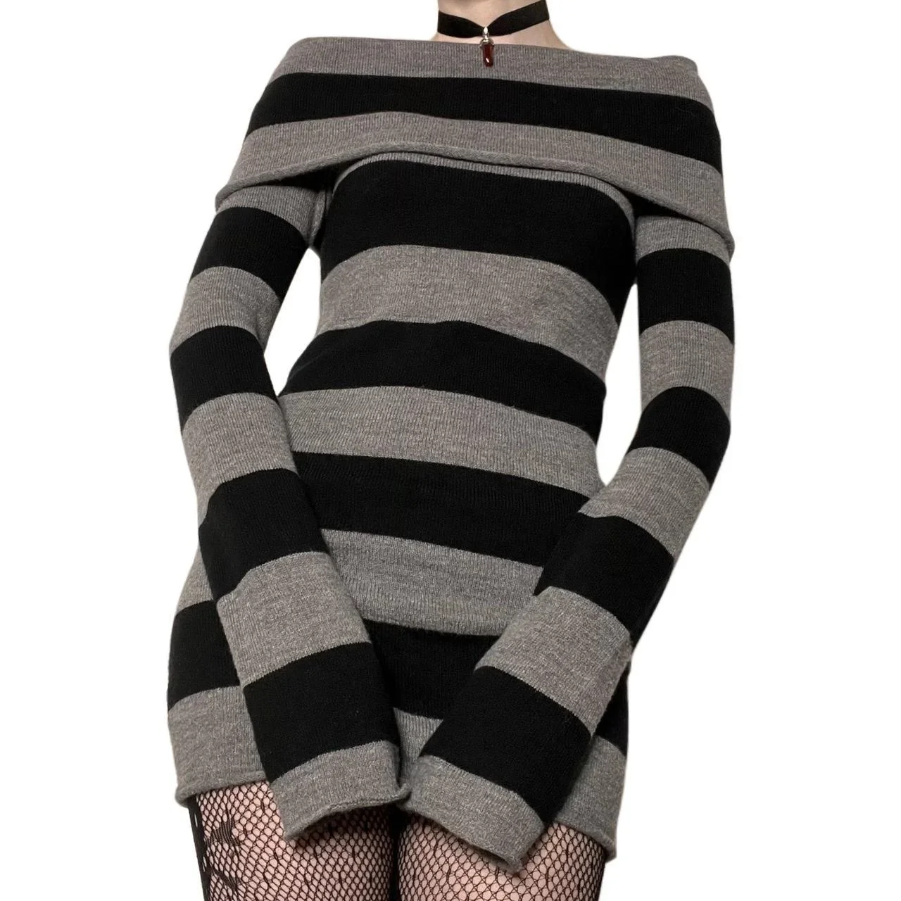 

Y2K Fashion Striped Sweater Bodycon Mini Dress Mall Goth Grunge Chic Women Off Shoulder Full Sleeve Slim Fit Dresses