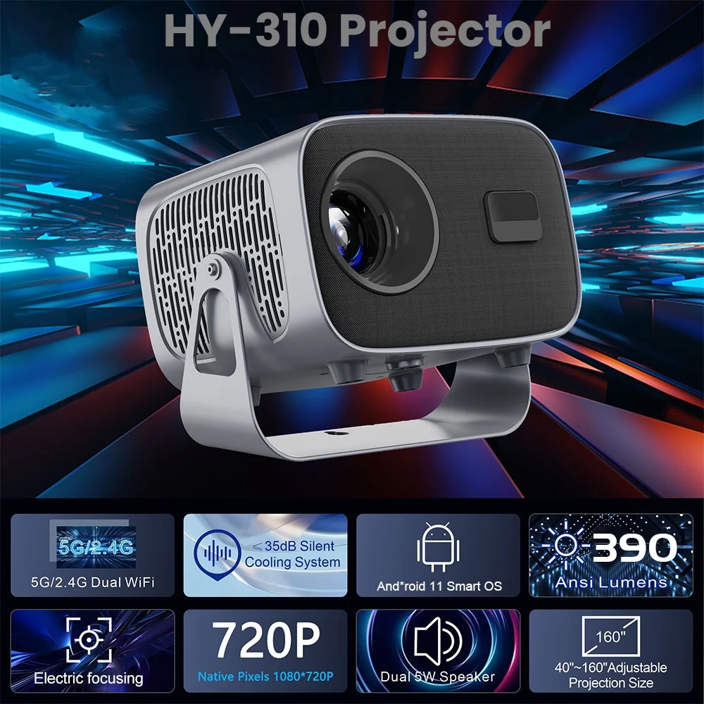 HY-310 Projector Android11 390ANSI BT 360° Rotation 2.4G&5G Wifi 4K HDR Home Cinema Theater Outdoor Smart Portable Projector