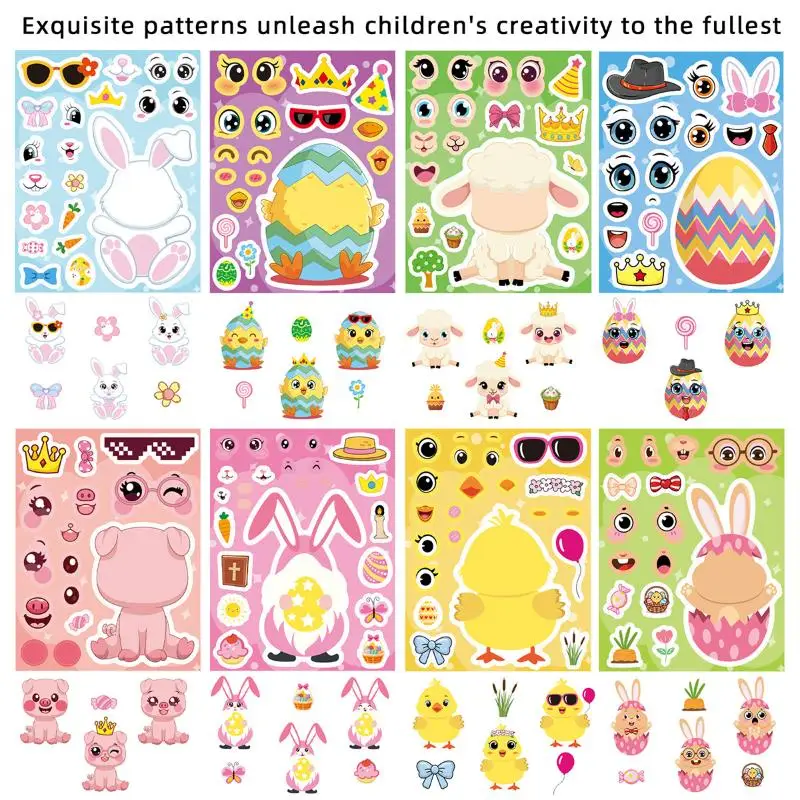 8/16 Sheets Cartoon Easter Eggs Puzzle Stickers Make Your Own Kawaii Chick Cow Rabbit Decals Children Jigsaw Toys For Kids Gift