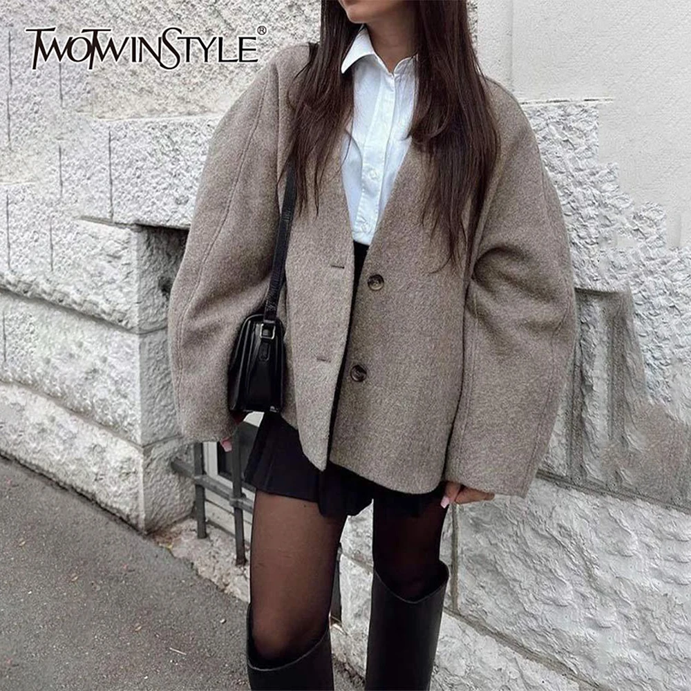 

TWOTWINSTYLE Office Basics Short Coat for Women Deep V Neck Long Sleeve Patchwork Single Breasted Loose Jackets Female Autumn