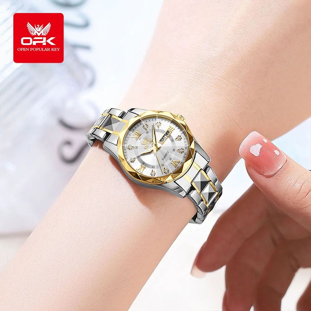 OPK Brand women\'s steel strip quartz watch dual calendar waterproof night light 6023