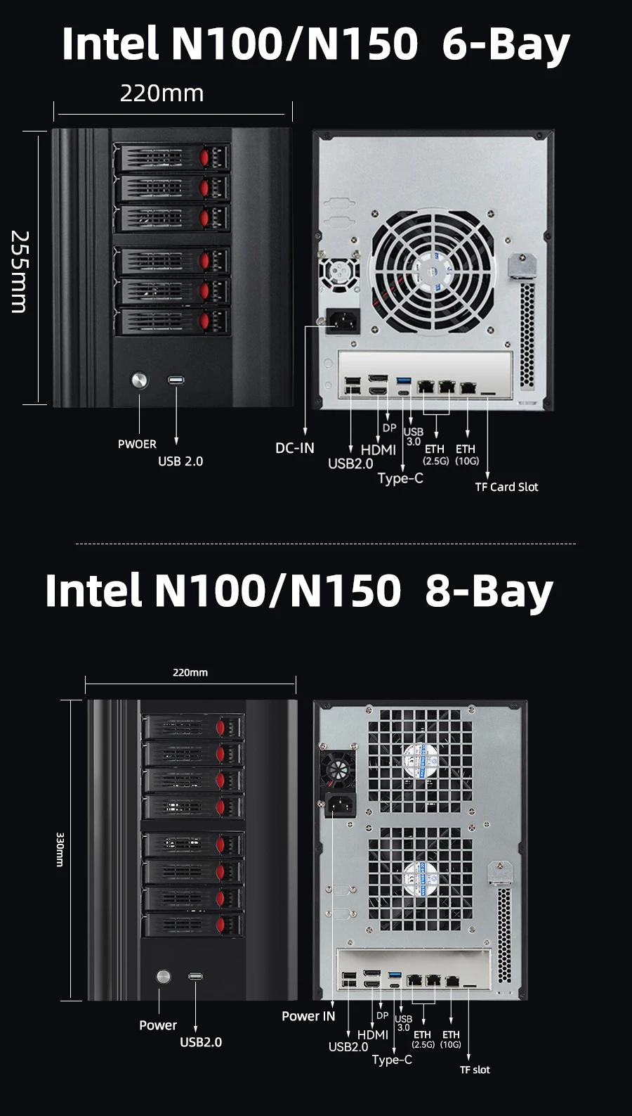 XCY X108 NAS 4/6/8 베이 2.5/3.5인치 SATA HDD 인텔 N150 DDR5 M.2 NVMe SSD 10G 이더넷 타입-C 윈도우11 리눅스 RAID FreeNas
