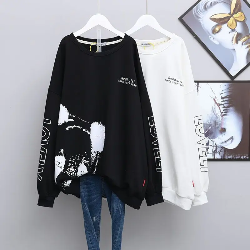 Kawaii Cartoon Letter Print Oversized Streetwear Female Sweatshirt Korean Fashion Casual Long Sleeve Pullover Top Women Clothing