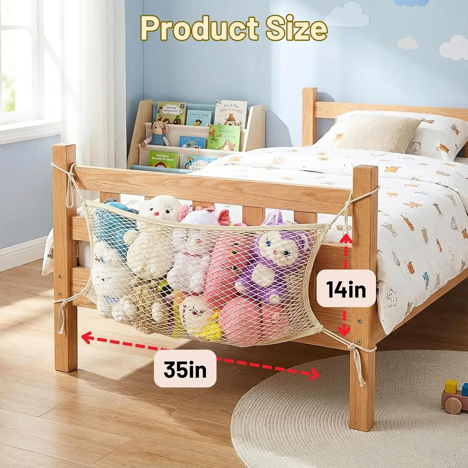 Stuffed Animal Storage Net for Kids, Bedside Toy Organizer with Tether, Stretches up to 35 Inches, Beige view 2