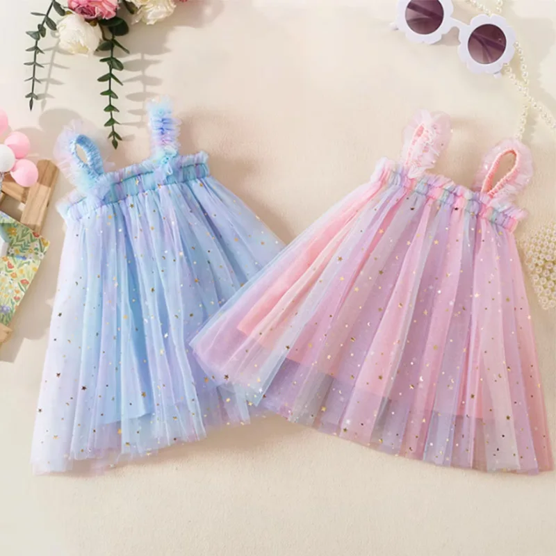 Summer Girls' Dress Baby Girl Full Of Stars Moon Decorations Suspenders Colorful Mesh Beach Princess Dress