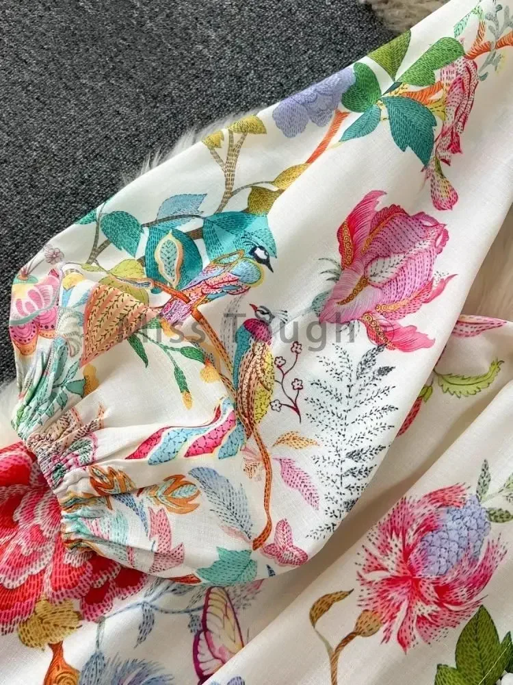 French Elegant Linen Floral Holiday Robe Dress Women Spring Summer Stand Long Lantern Sleeve Sashes Vestidos Flral Print Clothes