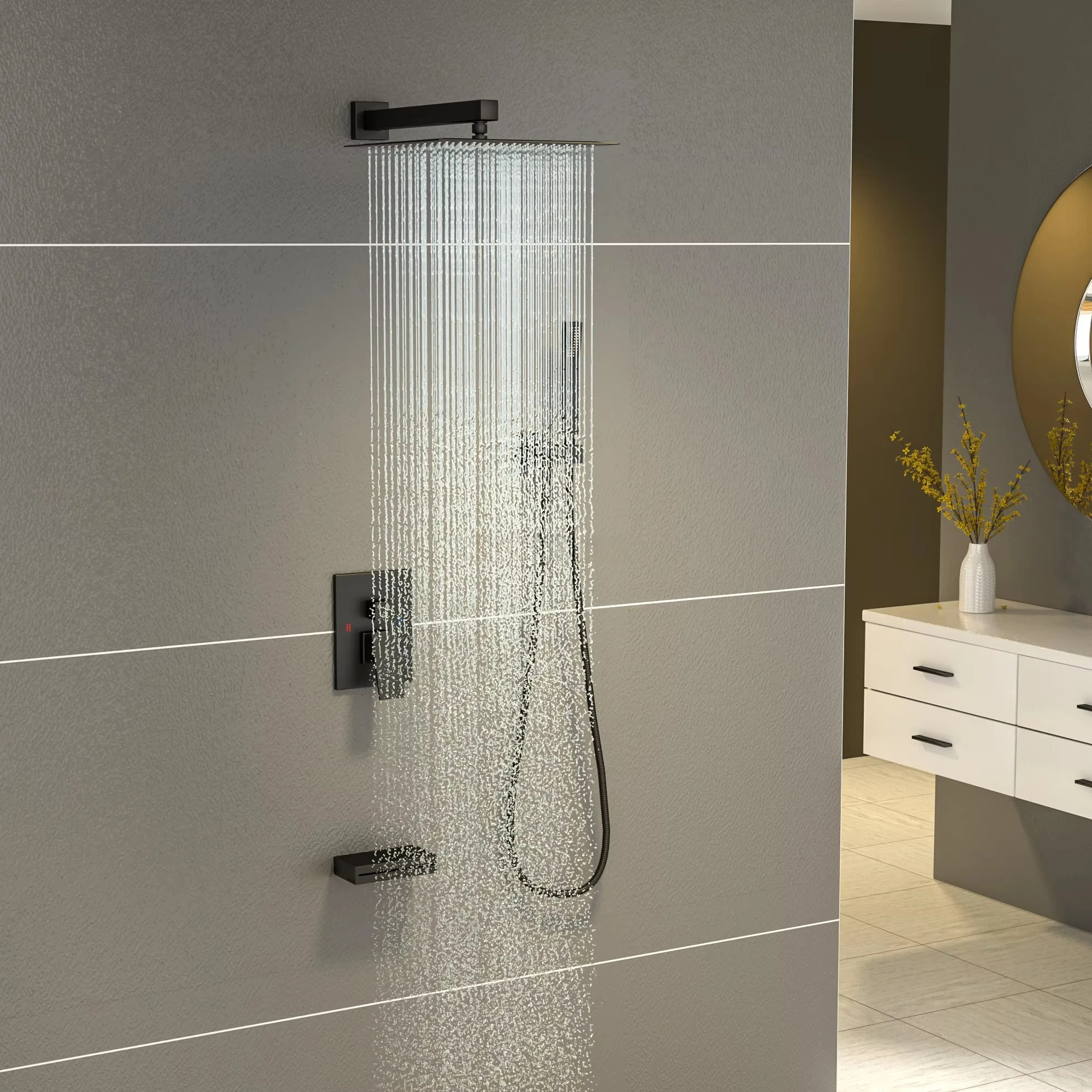 ชุดฝักบัวเรนชาวเวอร์แบบติดผนังทรงสี่เหลี่ยม ผลิตจากทองแดงแท้ สีดำ มาตรฐาน CUPC พร้อมระบบควบคุมอุณหภูมิคงที่ 3 ฟังก์ชั่น