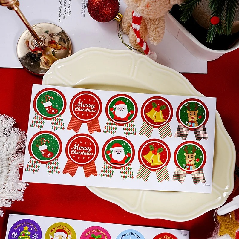 100pcs/pack Christmas Ribbon Badge Stickers Santa Snowman Elk Bell Seal Sticker Xmas Gift Bag Box Decorative Wrapping Label