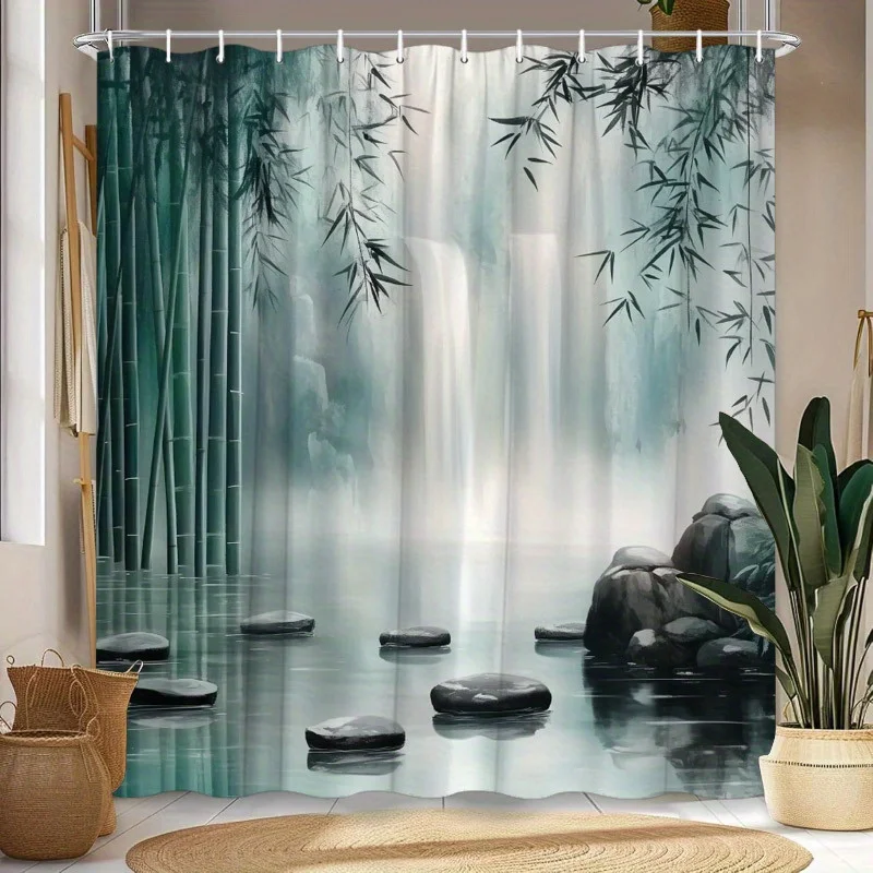 Misty Bamboo Waterfall Shower Curtain – Reflective Pool, Zen Stones & Foggy Forest | 2D Flat Print, 70.8×70.8