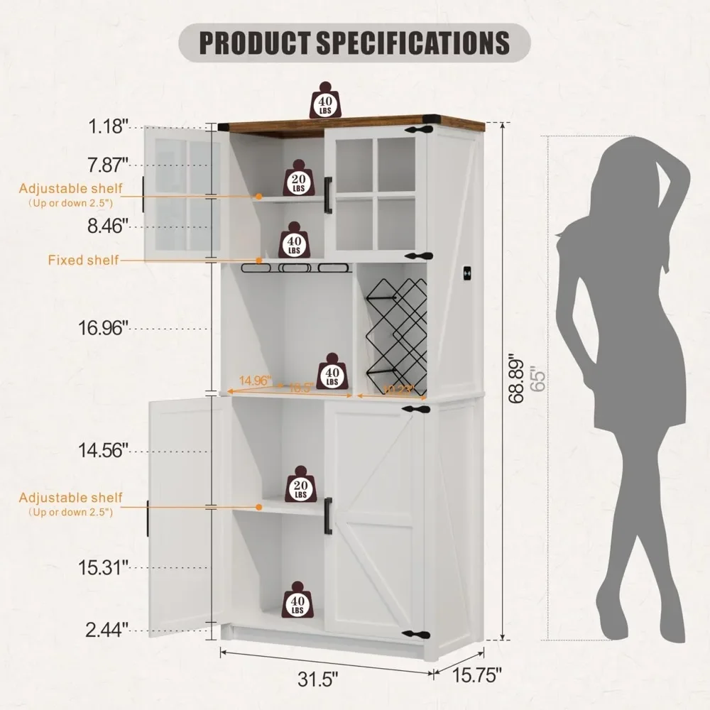 Bar Cabinet with LED Light, 69'' Tall Liquor Cabinets for Home with Wine & Glass Holder, Hutch with Doors and Storage Shelves