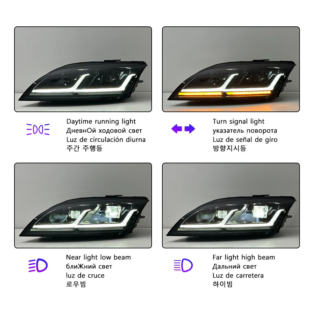 

Для Audi TT 2008-2014: Светодиодные фары в сборе с анимацией запуска, ДХО и указателями поворота, левая и правая передние фары