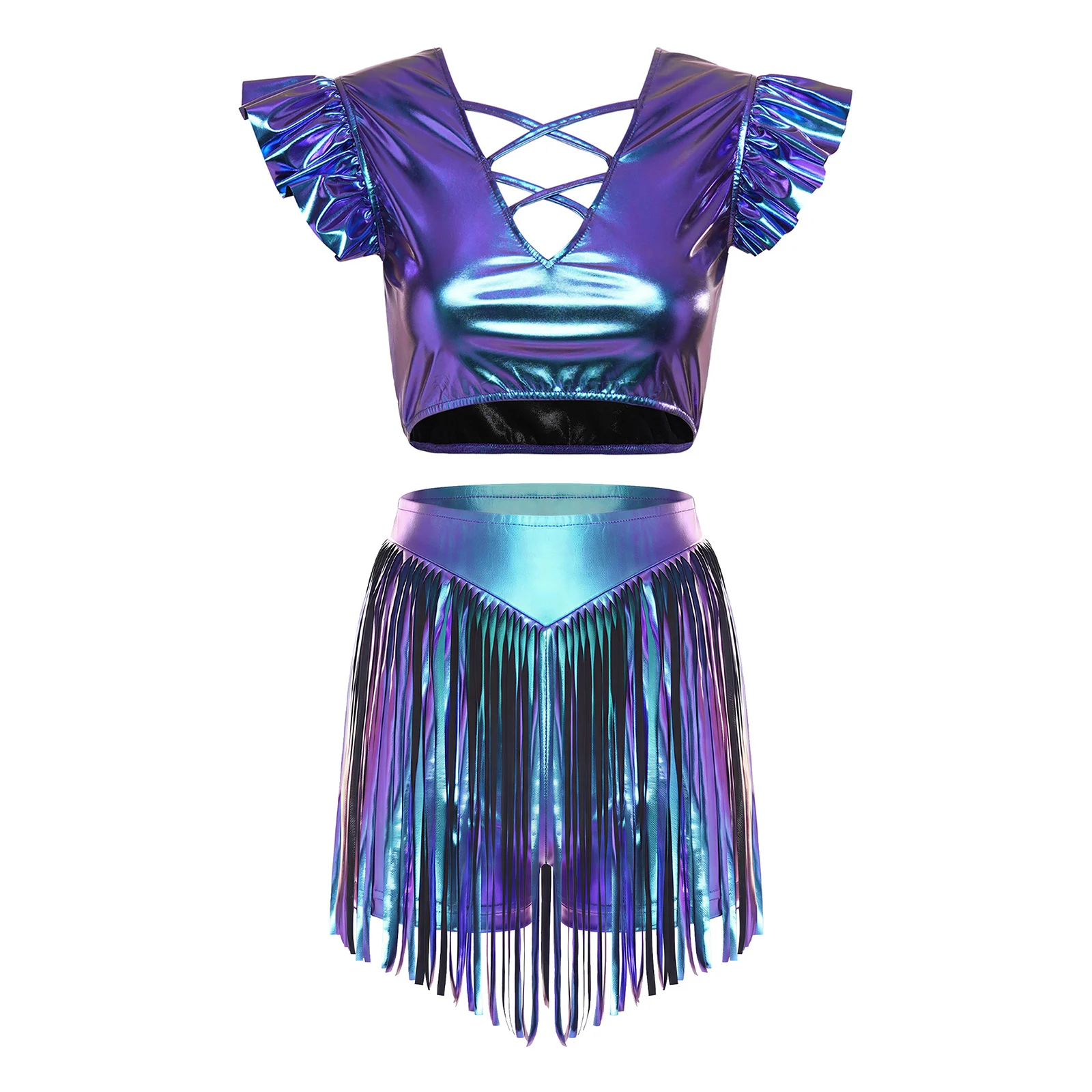 

Womens Metallic Jazz Dance Outfit V-shaped Cutout Ruffled Fly Sleeve Crop Top and Pants Shorts for Jazz Rock Dance Nightclub