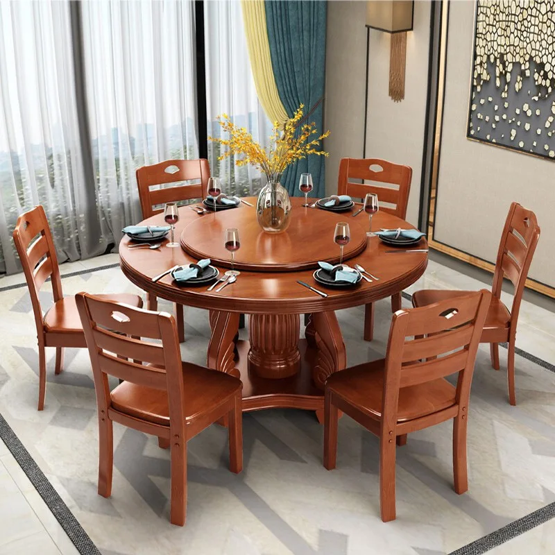 Solid wood full set of round dining table and chair combination Chinese-style home hotel restaurant large round tabl