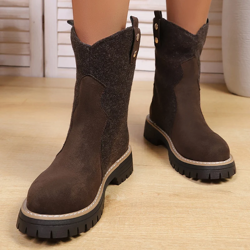 Vintage Brown Platform Ankle Boots Women 2026 Autumn Non-slip Thick Sole Western Boots Woman Plus Size 43 Slip on Short Botas