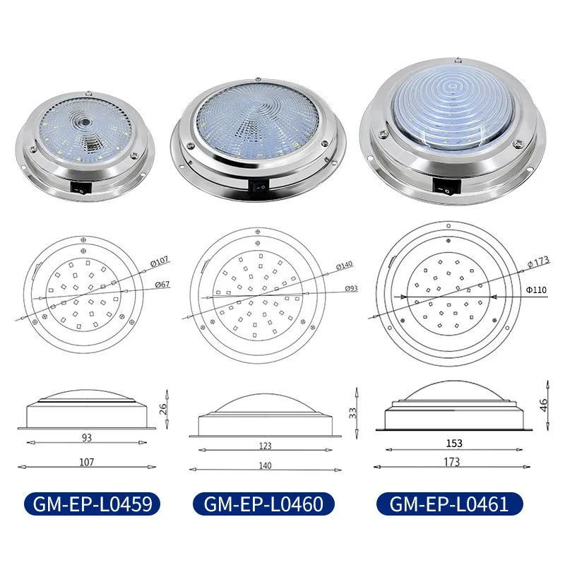 LED Dome Ceiling Light for Marine Boat RV Surface Mount 12V/24V Stainless Steel 6000K Interior Lamp