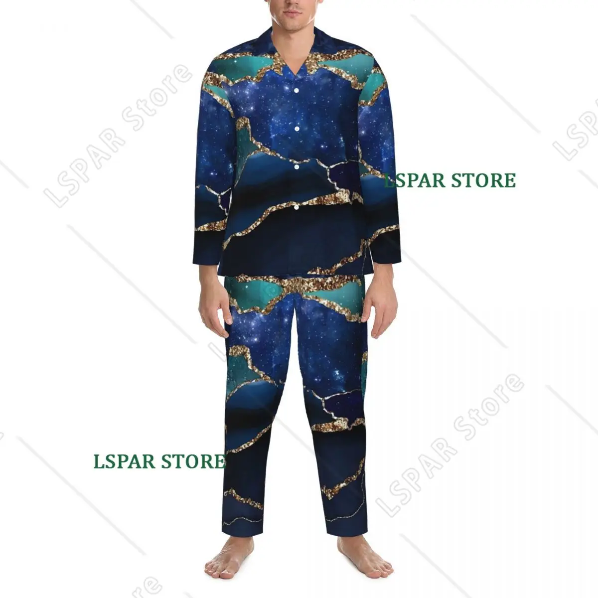 Blue And Gold Marble Galaxy Sleepwear Spring Casual Oversized Pajama Sets Male Long Sleeve Cute Bedroom Pattern Nightwear