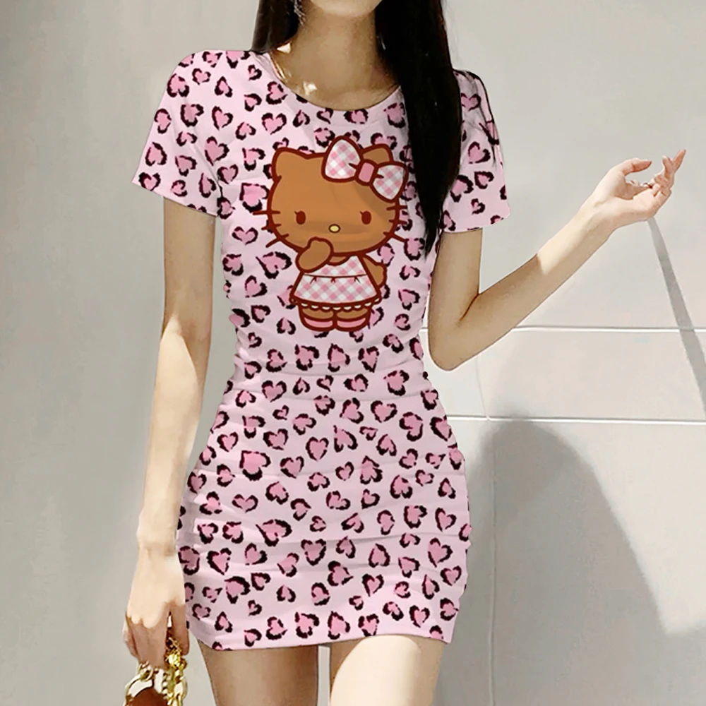 Women Dress Summer Fashion Sexy O-Neck Wrapped Hip Hello Kitty Print Women's Dress Printed Tight Sleeveless Short Dress