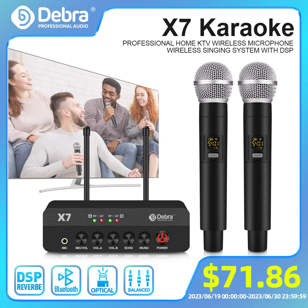 Беспроводная микрофонная система Debra X7 для караоке, 2 канала, Bluetooth 5,0, ревербератор DSP, оптоволоконный интерфейс для караоке и церкви