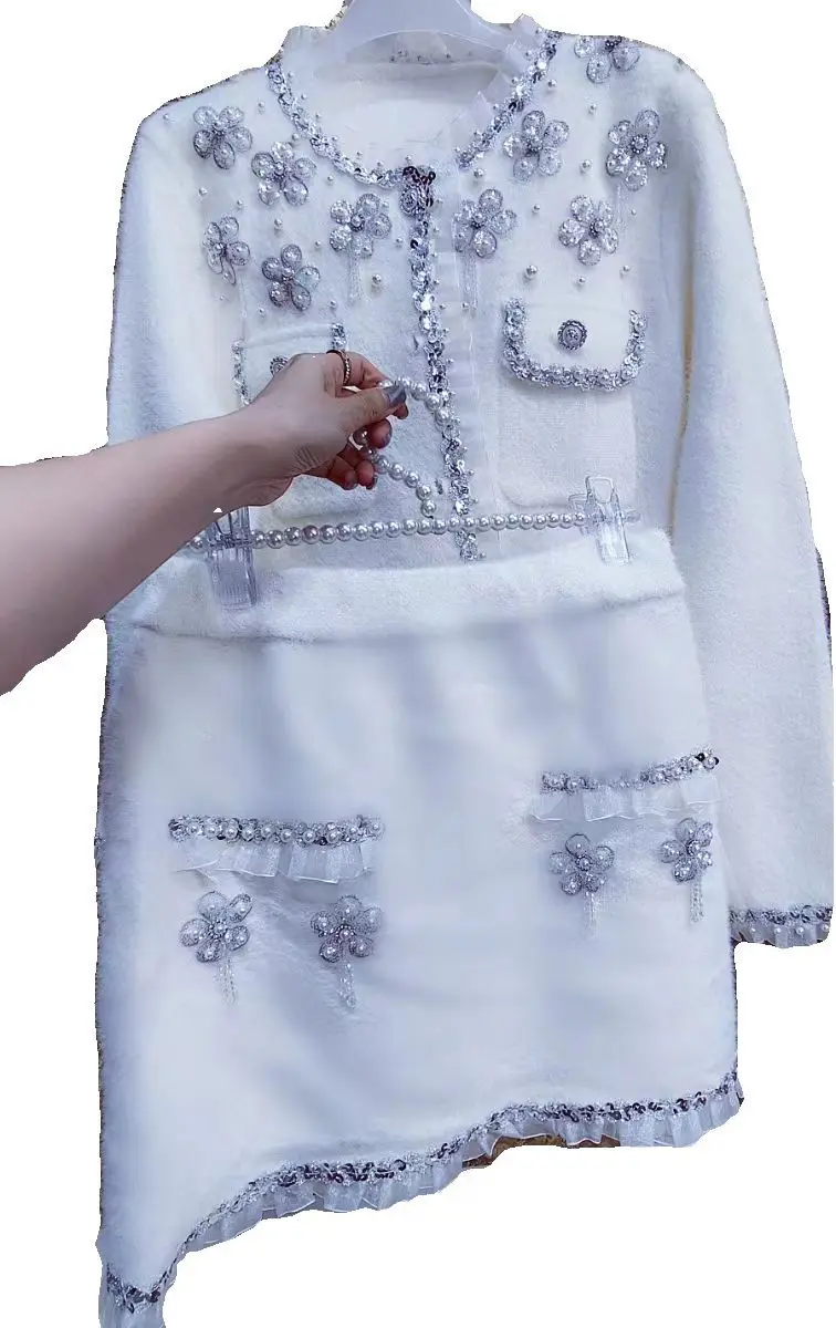 Women\'s Two Pieces Set Outfit Sequined Flowers Stitch Knitted Sweater Coat Jacket Plus Beaded A Line Skirts New In Matching Sets