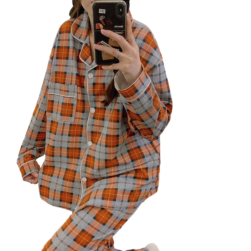 New Ins Minimalist Red Plaid Long Sleeved Pajamas for Autumn Girls Home Wea Clothers and Pants Set Fashion New Loungewear Women