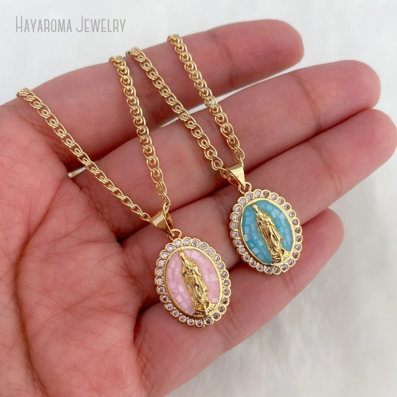 

10Pcs CZ Oval Guadalupe Medal Catholic Jewelry Pink Blue Virgin Mary Saint Name Necklace Baptism Gift
