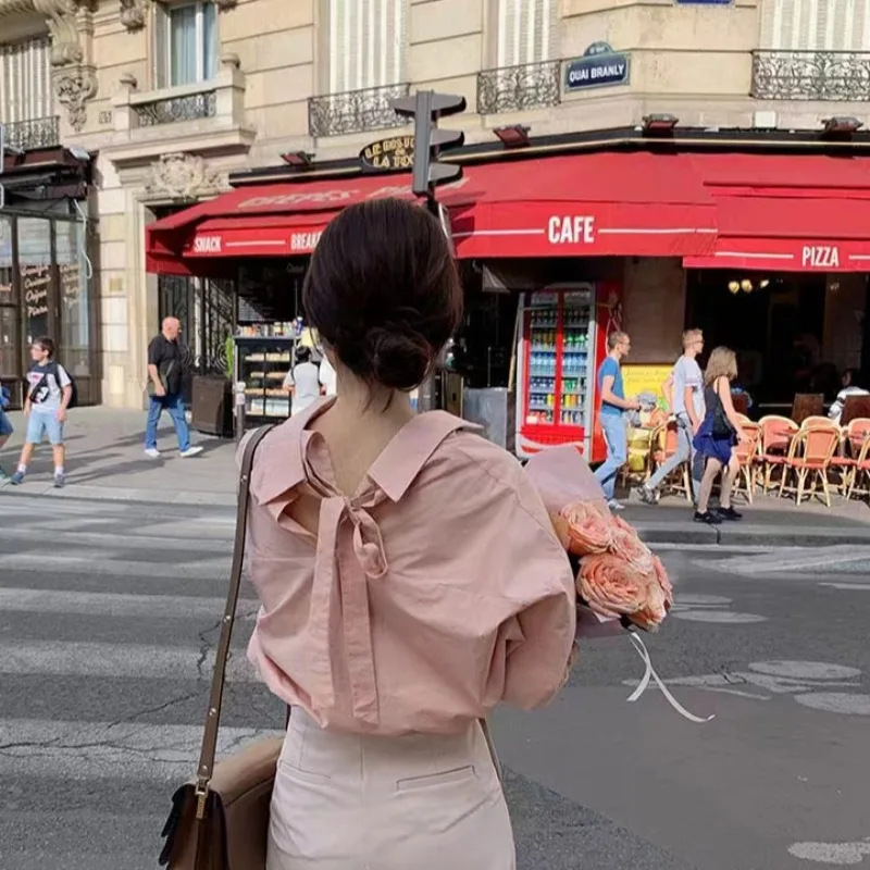 

Ele Design Long Sve irt with Bow Tie Ba for Women Spring Autumn Faionable Sweet Sle Pure Color Batwing Sve