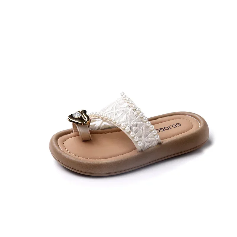 Summer Children Fashion Girls Slippers Sweet Pearl Elegant Princess Shoes Versatile Soft Kids Home Flip-flops Open-toe Slippers