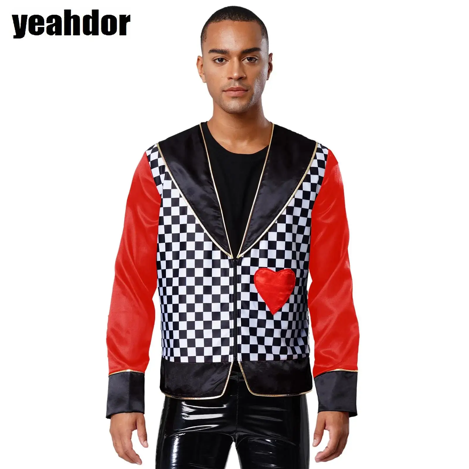 

Men Halloween King Cosplay Costume Deep V-Neck Long Sleeve Gold Trim Plaid Coat Retro Circus Clown Outwear Fancy Party Dress Up