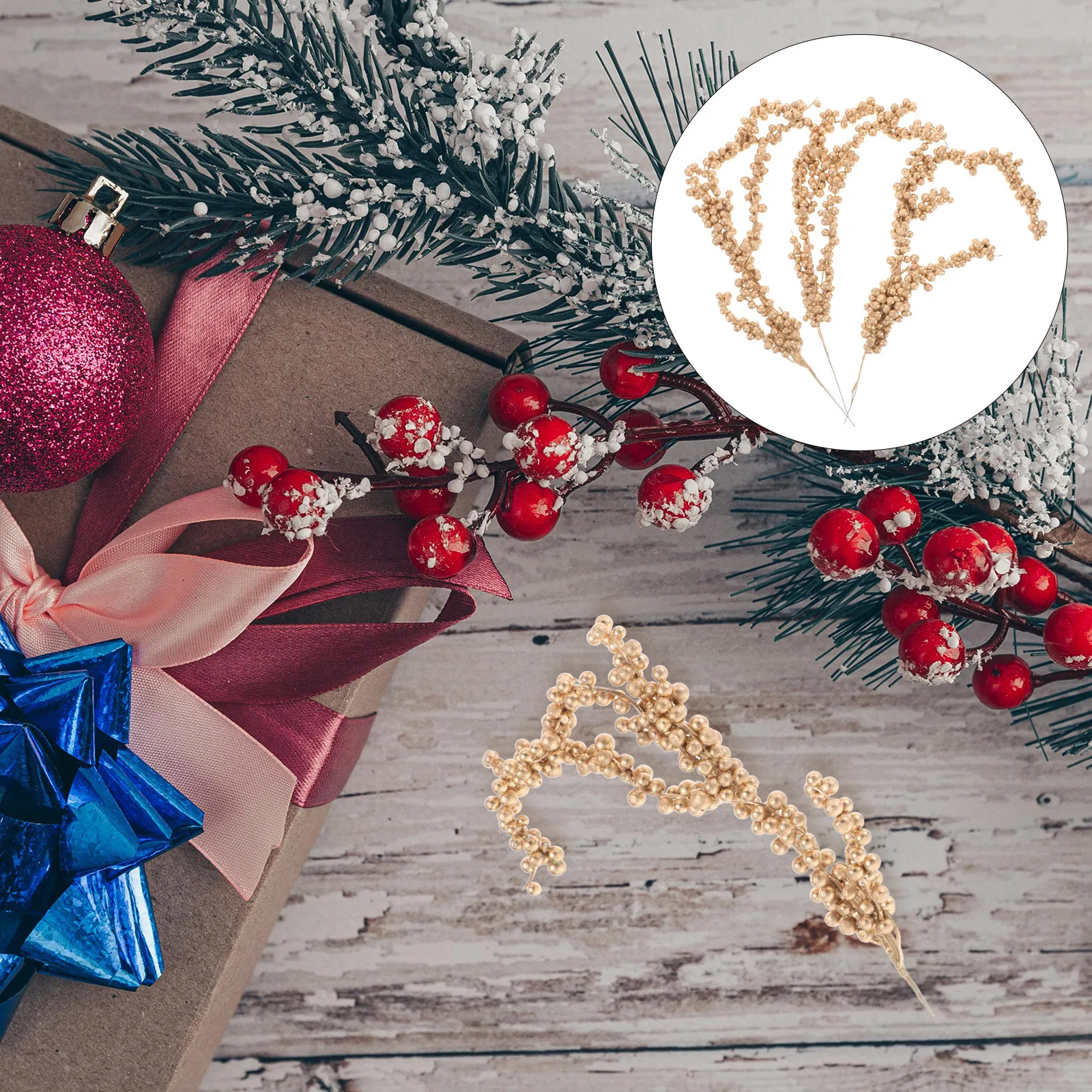 3Pcs Golden Simulation Berry Branches Lifelike Fake Berry Branches for Christmas Ornament Gift Wrapping Home Decor Decoration