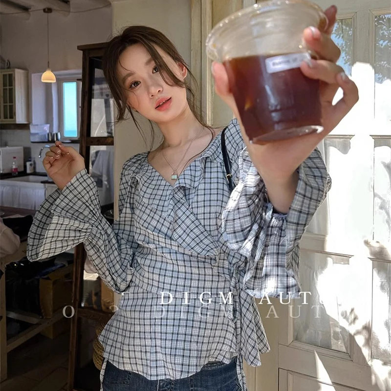 Chic Plaid Shirt Women Korean Fashion Ruffles Flare Sleeve Tops Summer New Lace up Casual Office Ladies Long Sleeve Blouse New