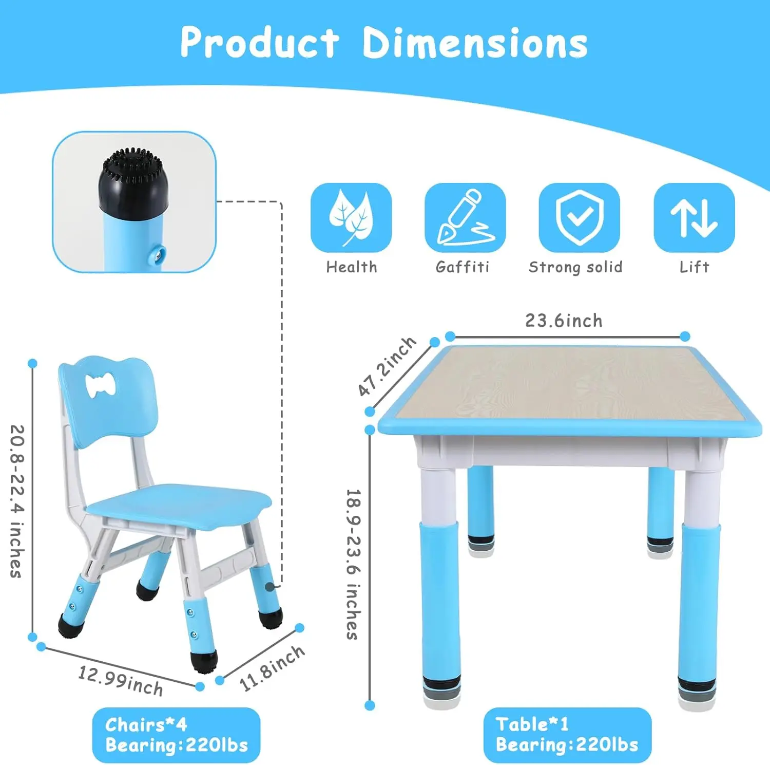 Kids Table and 4 Chair Set, Height Adjustable Toddler Table and Chair Set, Non-Slip Legs, Graffiti Desktop, Large Childre