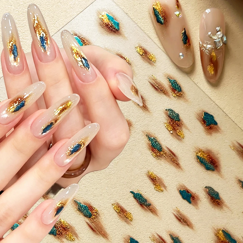 1Pcs Retro Amber Foil Glitter Nail Stickers 3D Luxry Gold‑Blue Brown Gradient Irregular Pattern Nail Decal Autumn Nail Sliders