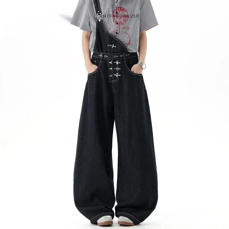 

Edgy Men's Denim Overalls Wide Leg Baggy Fit Detachable Metal Buckle Detail Distressed Casual Jumpsuit 9XH2XQ
