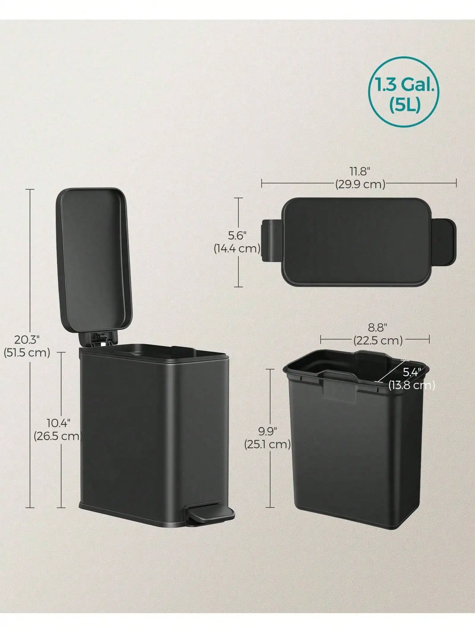 Bathroom Trash Can, 1.3 Gallon Small Trash Bin With Lid, Slim For Small Spaces, Stainless Steel Garbage Can, Soft Close, Black, White,Silver